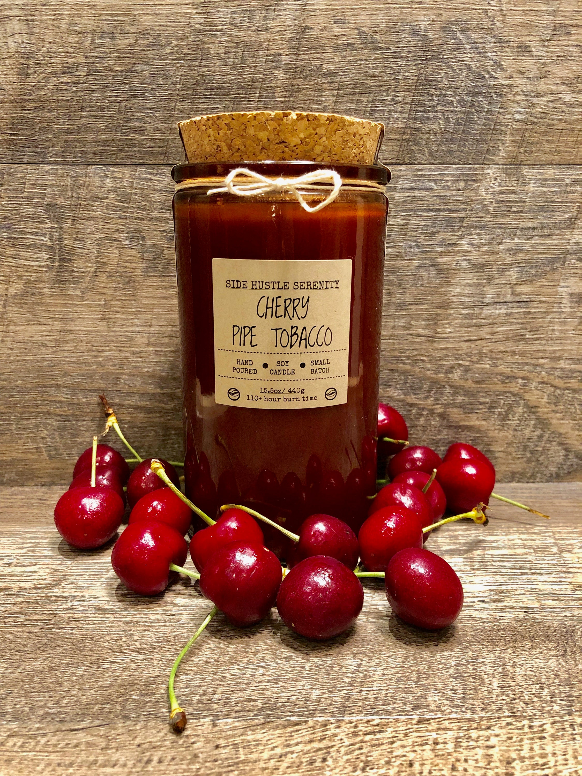 CHERRY PIPE TOBACCO Scented Soy Candle | Amber Glass With Cork Top | Wooden  Wick | Unique Gift for Him | Swisher Sweet Scented Candle | Pipe