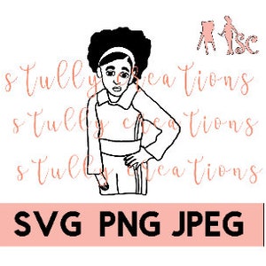 Può includere: Illustrazione in bianco e nero di una persona con un'acconciatura afro. La persona indossa una camicia a maniche lunghe con colletto e pantaloni. La persona è in piedi con la mano sul fianco.