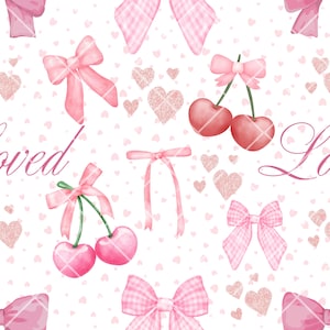 May include: A seamless pattern featuring pink bows, cherries, and hearts on a white background. The hearts have a glitter effect.