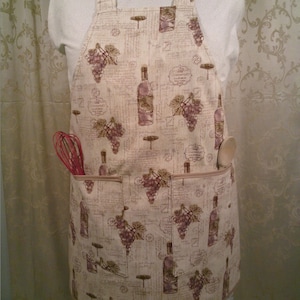 Grape and Wine Adult Apron, Kitchen Cooking Apron, BBQ Grilling, Baking, Winery Vineyard Apron, Wine Bottles