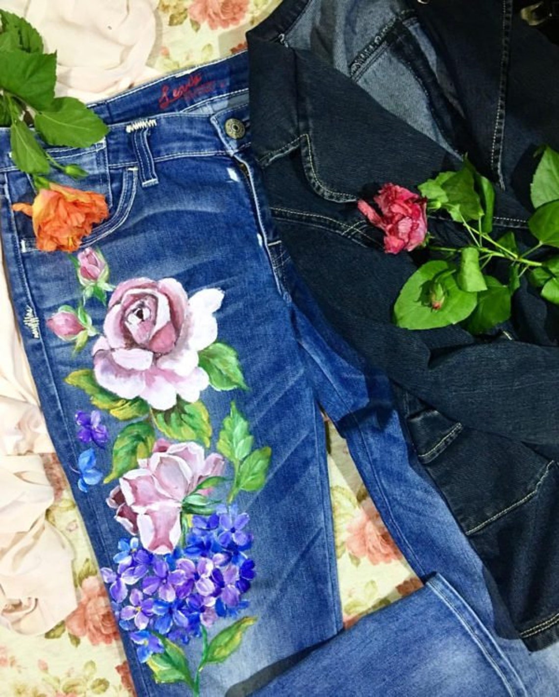 Hand Painted Jeans. Hand Painted Denim Jeans. Hand Painted Etsy