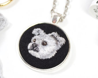 Custom Pet Portrait Pendant Pet embroidery Necklace Hand Embroidered from Photo, Personalized Jewelry Gift, Pet Memorial