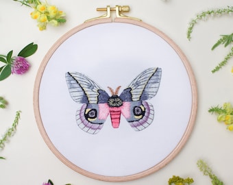 Pink Moth Wall art Handmade Gift for Nature Lovers Finished embroidery hoop art Whimsical Wall Hanging Decor Ready to Hang Embroidery