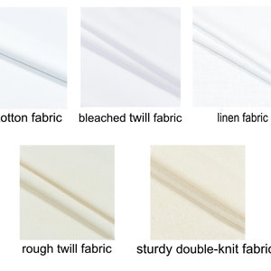 May include: A collection of fabric swatches, including twill cotton, bleached twill, and linen. The image also shows rough twill and sturdy double-knit fabrics. Each swatch is labeled with its name in a clear, readable font.