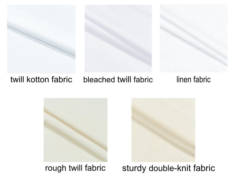 May include: A collection of fabric swatches, including twill cotton, bleached twill, and linen. The image also shows rough twill and sturdy double-knit fabrics. Each swatch is labeled with its name in a clear, readable font.