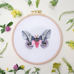 Pink and White Moth Embroidery Hoop Art