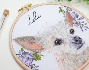 Custom Pet Embroidery with Flower Decor | Embroidered Pet | Personalized Pet Portrait | Custom Pet Memorial | Large Pet Portrait