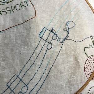 May include: A white linen fabric stretched in a wooden embroidery hoop featuring hand-stitched designs. The embroidery includes a dark green globe icon above the text ASSPORT, a blue linear train-like shape, and a red strawberry outline.