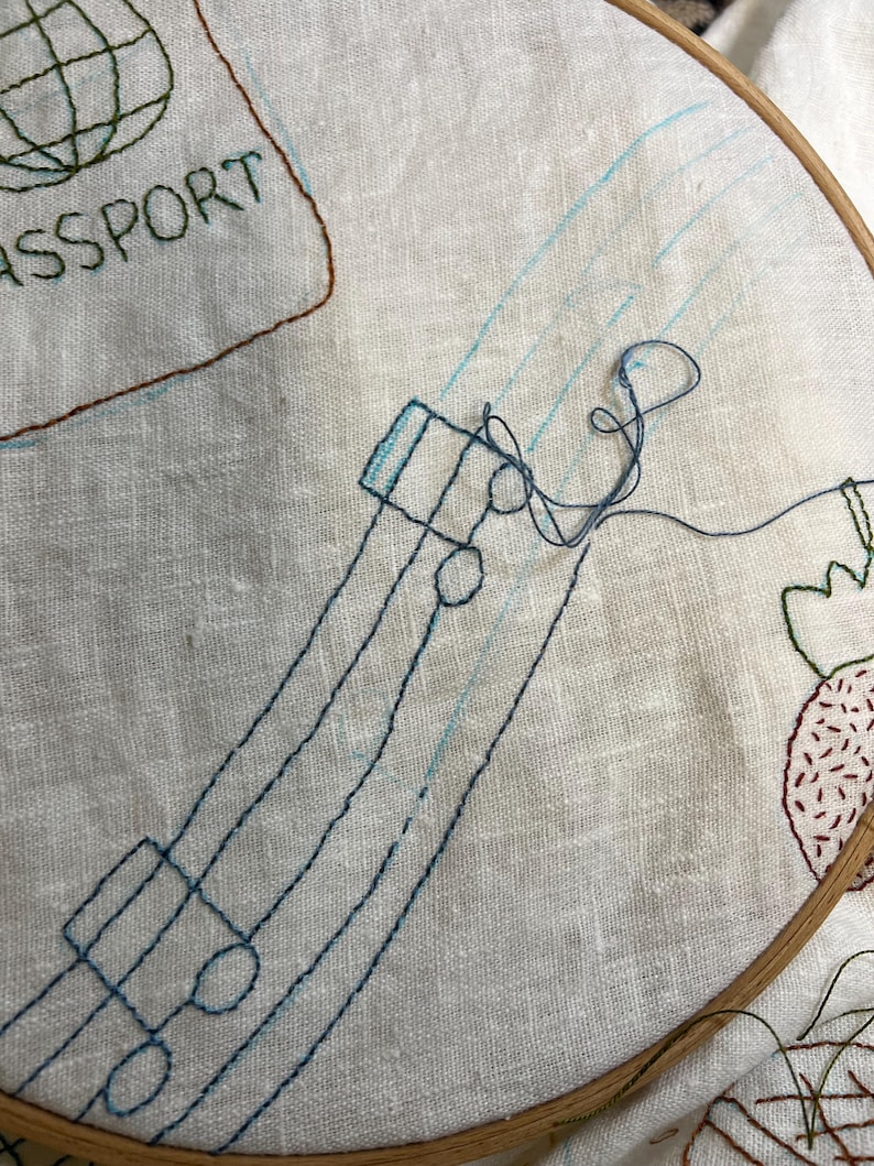 May include: A white linen fabric stretched in a wooden embroidery hoop featuring hand-stitched designs. The embroidery includes a dark green globe icon above the text ASSPORT, a blue linear train-like shape, and a red strawberry outline.