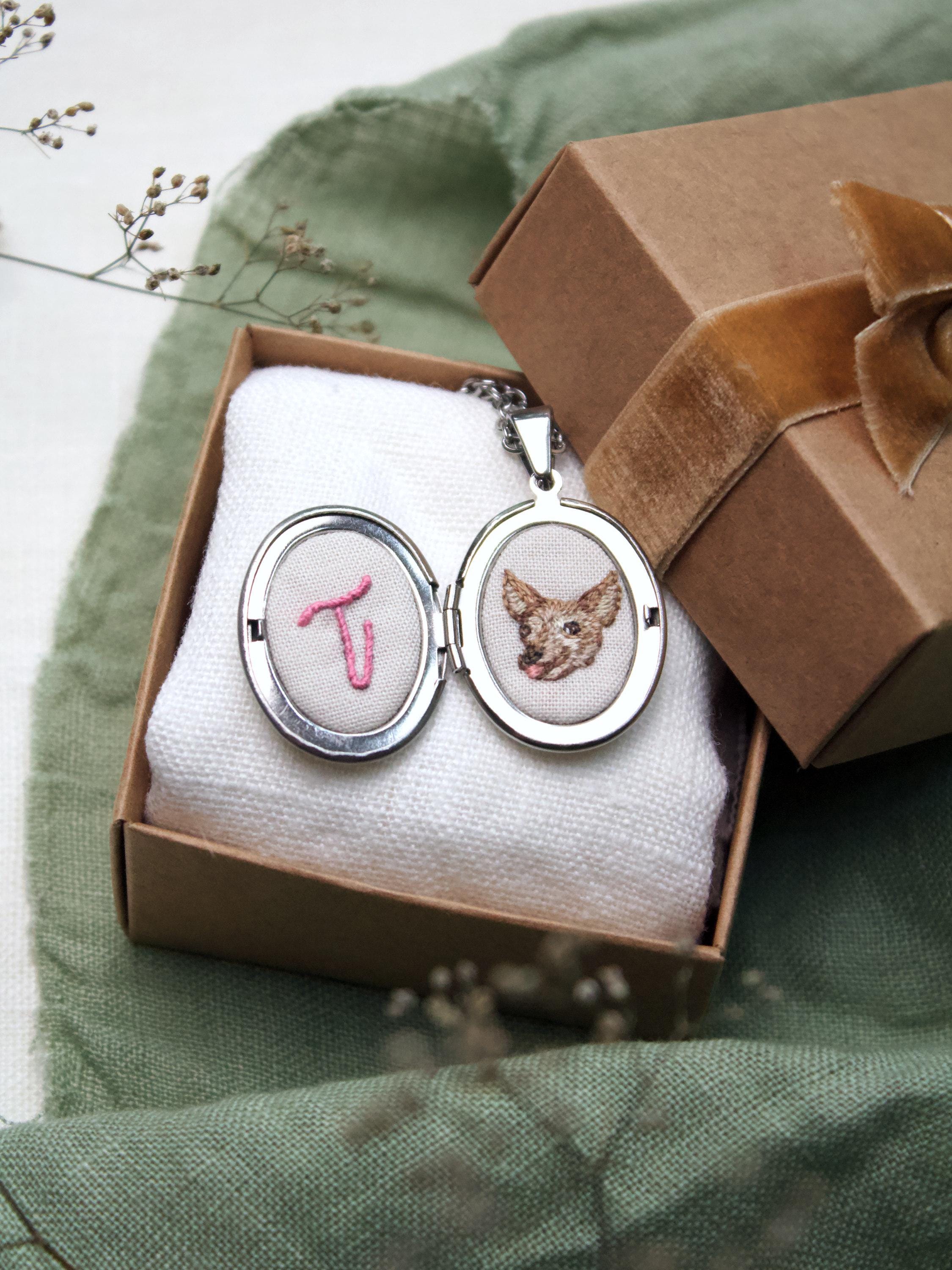 Custom Embroidered Pet Portrait Locket, Stainless Steel Memorial Necklace, Pet Lover Gift