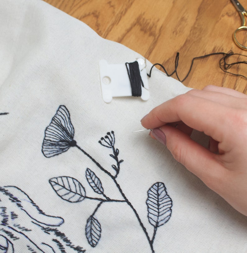 May include: Close-up of a floral embroidery project in progress. A white fabric is adorned with black thread floral designs. A hand holds a needle, while a spool of black thread sits nearby. Scissors are visible in the background.