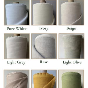 May include: A grid of nine fabric rolls labeled Curated Linen Palette, featuring colors: Pure White, Ivory, Beige, Light Grey, Raw, Light Olive, Brown, Rust, and Olive green. Each roll shows the texture of the linen fabric in its specific color.