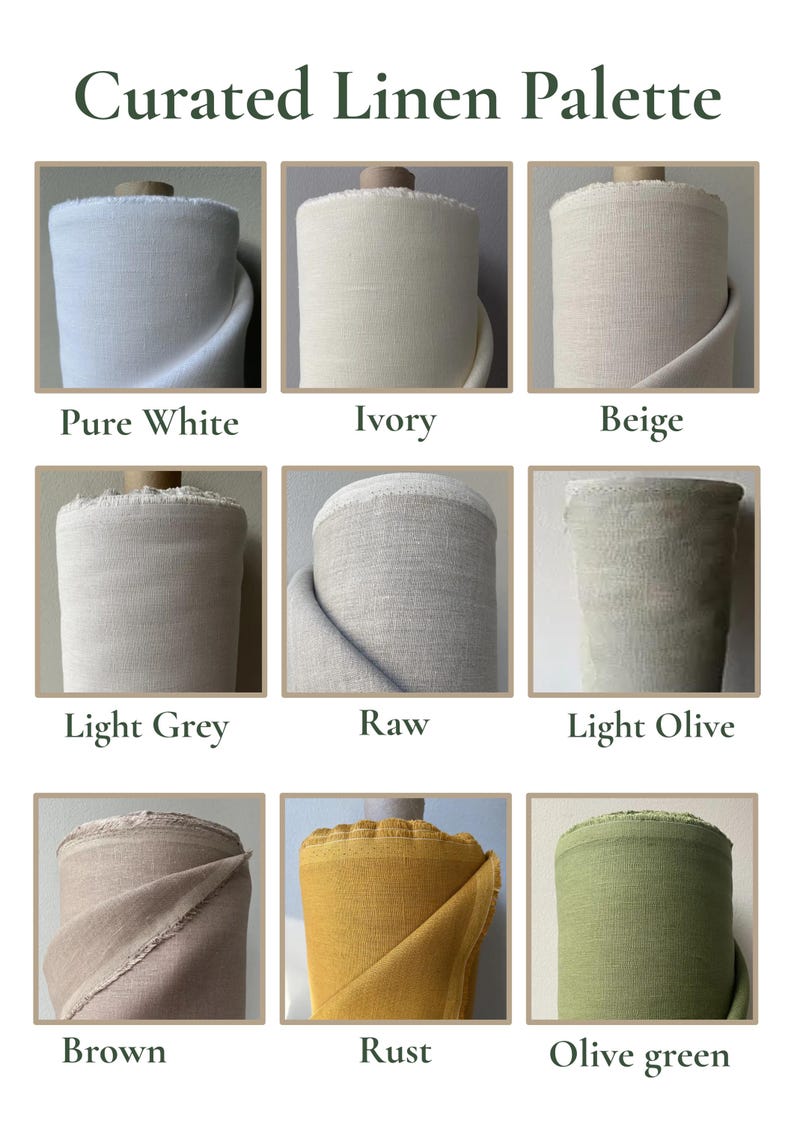 May include: A grid of nine fabric rolls labeled Curated Linen Palette, featuring colors: Pure White, Ivory, Beige, Light Grey, Raw, Light Olive, Brown, Rust, and Olive green. Each roll shows the texture of the linen fabric in its specific color.