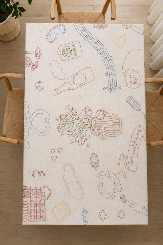 Custom Embroidered Tablecloth – Personalized with Name & Illustrated Symbols