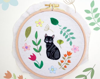 Complete Thread Paint Embroidery - Cat Flower Portrait - embroidered artwork - Embroidered Frame Art for Home Decor