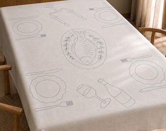 Hand Embroidered Linen Tablecloth - Fish and Table Setting Design
