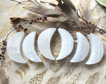 Selenite Crescent Moon: Crystal Charging Station, Triple Moon Goddess