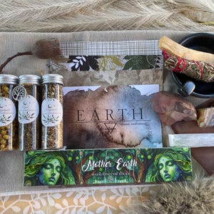 Earth Elemental Altar Kit: Beginner Altar Gift Pack, Herb Smudge Sticks, Selenite Wand, Crystals, Herb Jars, journaling paper