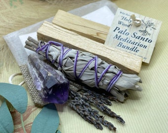 Palo Santo Meditation Bundle - Amethyst Point - Lavender Sprigs - Sage Cleansing