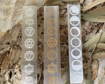 Selenite Wand: Etched Moon Phase or Chakra Healing Crystal
