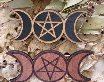 Triple Moon Goddess Altar Tile: Laser Engraved Wooden Decor