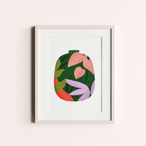 May include: A framed print of a green vase with abstract floral patterns in pink, orange, and purple.
