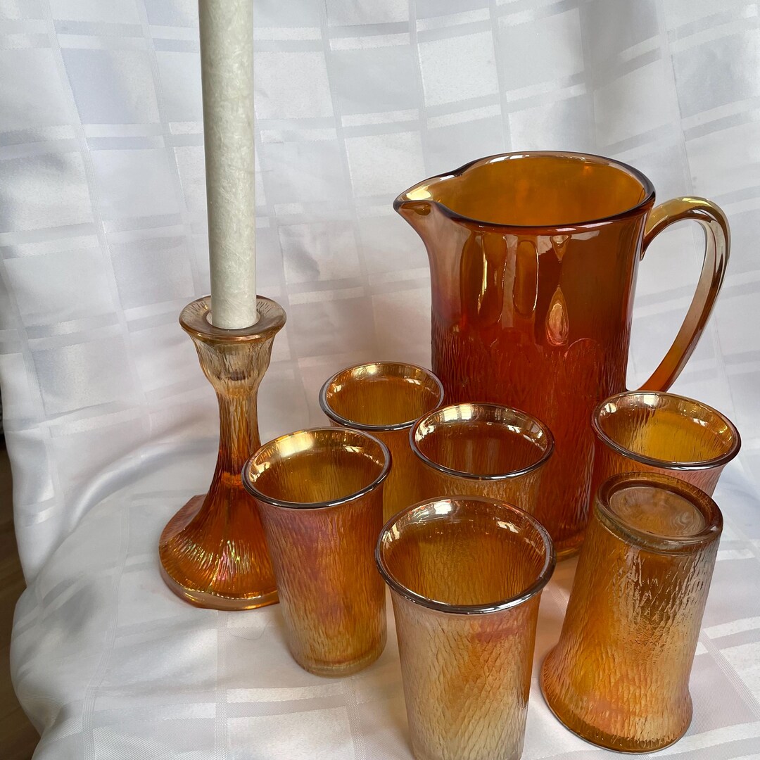 Vintage Mid-century Amber Glass Water Set | 9” Pitcher, 6 Tumblers ...