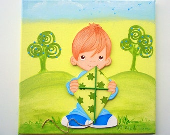Peinture sur toile pour enfants avec silhouette en bois enfant avec cerf-volant