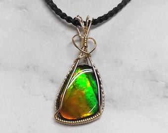 14K GF wire wrapped ammolite pendant 22x18mm