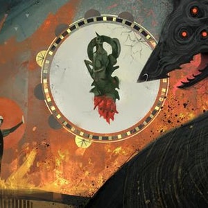 May include: A digital illustration of a dark, shadowy creature with multiple eyes, a large mouth, and sharp teeth. The creature is in the foreground of the image, with a circular, golden-framed design in the background. The design features a white background with a green and red creature in the center.