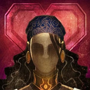 Puede incluir: Una mujer con cabello oscuro y un pañuelo azul lleva un collar de oro con un gran colgante adornado. El fondo es una forma de corazón rojo oscuro.