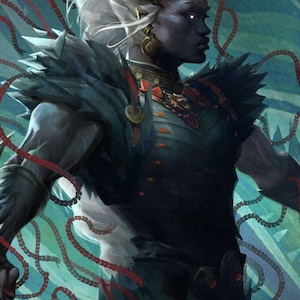 May include: Digital artwork depicting a dark-skinned figure with white hair and glowing eyes, wearing gold and teal headwear. The figure is clad in dark armour with red detailing, with red rope-like strands in the background.