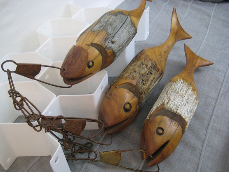 R. Brandt signed Hand Carved Fish 3 wood fish on stringer