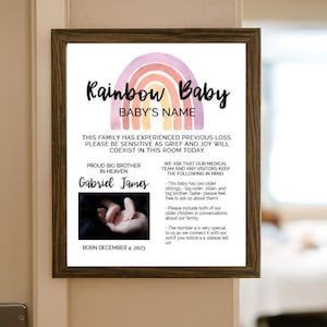 May include: A framed print with the words "Rainbow Baby" above the baby's name. The print includes a rainbow graphic and text about previous loss and the baby's siblings. The baby's name is Gabriel James, born December 4, 2023.