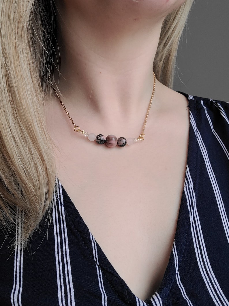 Rhodonite Gemstone Necklace with Rose Quartz Chakra healing jewelry
