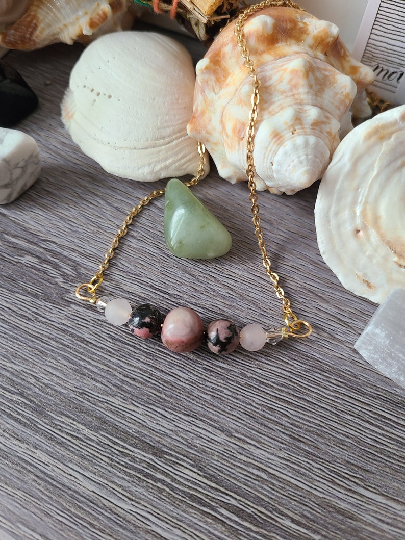 Rhodonite Gemstone Necklace with Rose Quartz Chakra healing jewelry