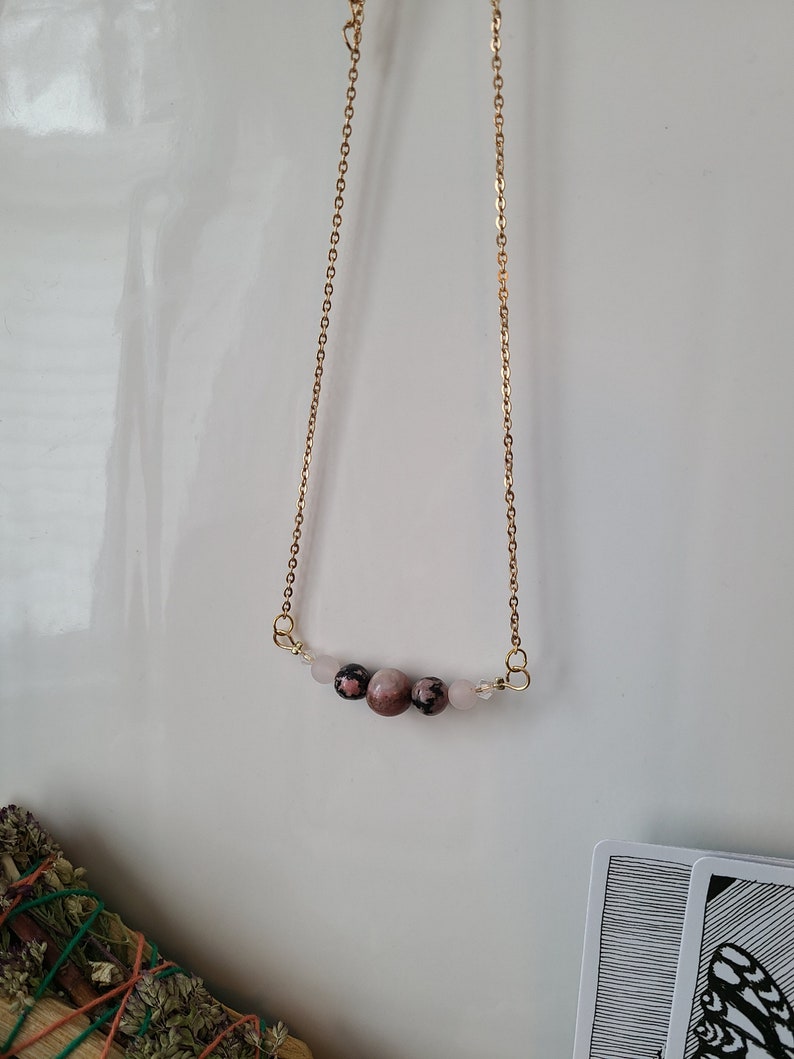 Rhodonite Gemstone Necklace with Rose Quartz Chakra healing jewelry