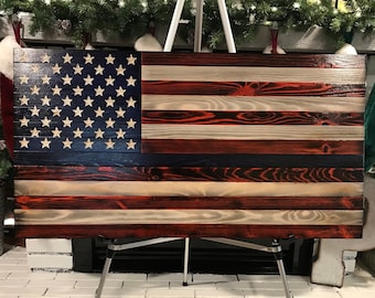 Unique Rustic Thin Blue Line  Red, White and Blue Wooden American Flag, Subdued American Flag