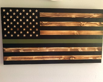 Thin Green Line American Wooden Flag, Military, Rustic Deco