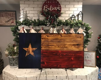 Texas Flag Natural Pine Rustic Charred, Subdued Wooden Flag, Veteran Made, Handcrafted