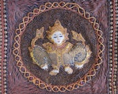 Vintage Embossed Embroidery, Glass and Brass Embellishments, approx 9-1 2 quot x 9-1 2 quot , Burmese Textile Fragment - Circa Mid-19th Century
