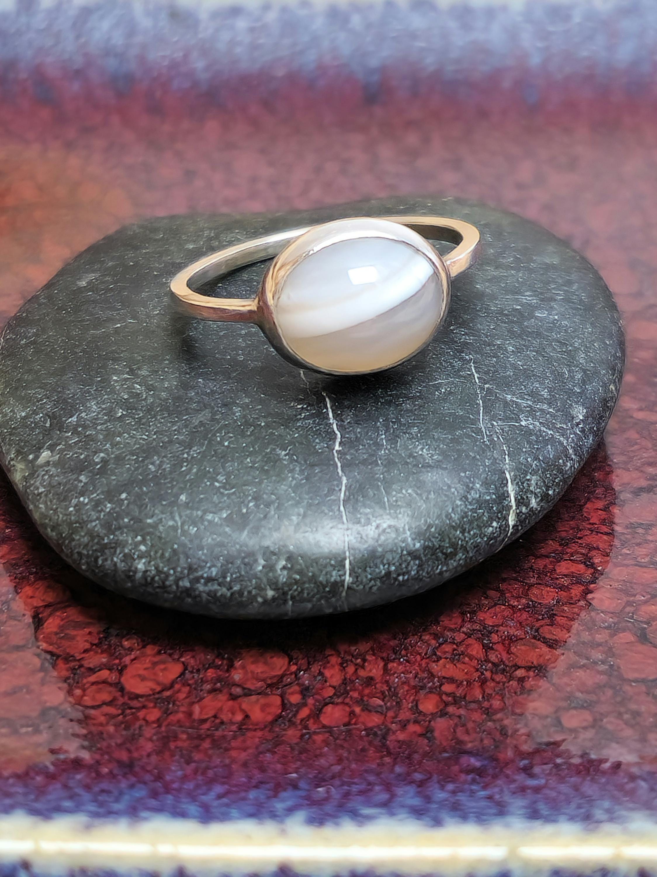 Bague En Argent 925 Avec Agate Rubanée Multicolore - Taille 60 (cabochon) - Occasion Comme Neuf