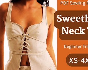 Tie Front Top Sewing Pattern: Sweetheart Neckline, Lace-Up Blouse (Digital Download XS-4XL), Sleeveless Top