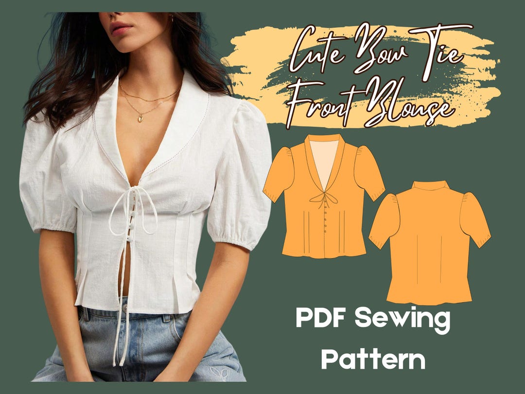 Blouse Sewing Pattern, Collared Deep V Button Front, Tie Front Short ...