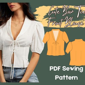 Può includere: Camicetta bianca con dettaglio a fiocco frontale e maniche corte a sbuffo. L'immagine presenta anche un modello di cucito PDF per una "Cute Bow Tie Front Blouse" arancione. La camicetta ha uno scollo a V e un corpetto aderente.