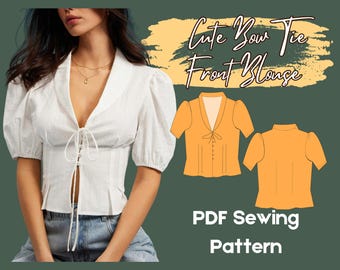 Blouse Sewing Pattern, Collared Deep V Button Front, Tie Front Short Puff Sleeve Pleated Top, PDF XS-4XL