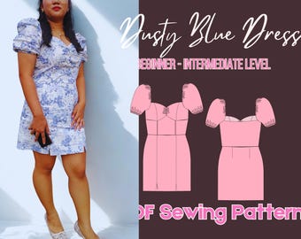 Puff Sleeve Mini Dress Pattern, Sweetheart Neck, XS-4XL (PDF Pattern)