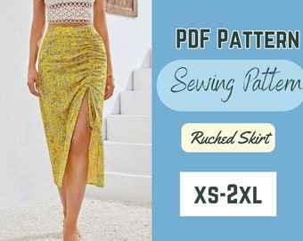 Skirt Sewing Pattern PDF XS-2XL Drawstring Skirt Woman Fashion, Trendy Design, Easy to sew Pattern, side slit, ruched drape