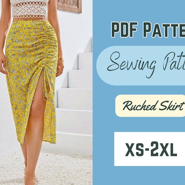 Skirt Sewing Pattern PDF XS-2XL Drawstring Skirt Woman Fashion, Trendy Design, Easy to sew Pattern, side slit, ruched drape