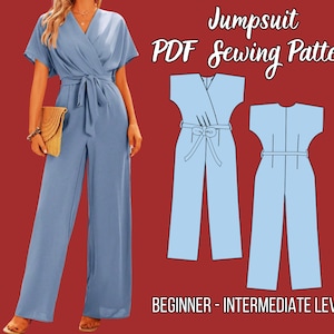 Jumpsuit Sewing Pattern , Belt, Wide Leg Pants, Wrap Front, XS-4XL, Instant Download, Casual Wear, Woman Clothing, Butterfly sleeve